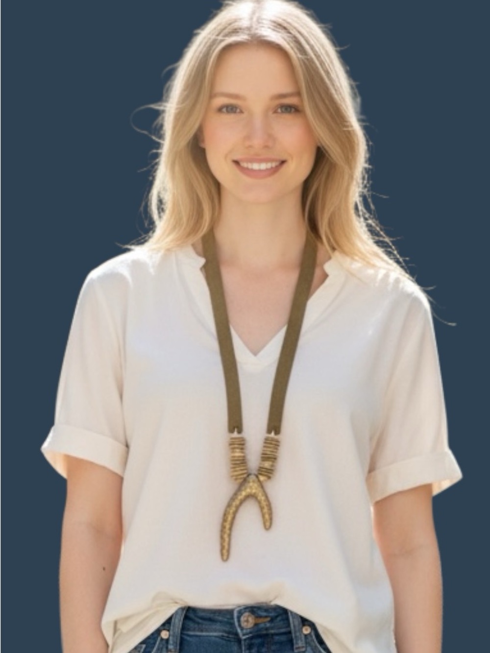 Long Taupe Suede Necklace with Wishbone Pendant